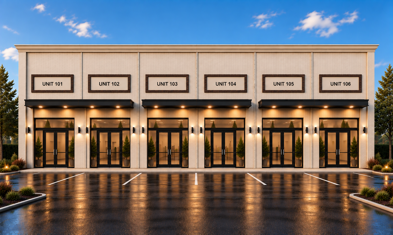 Six cream-brick storefront condos with glass fronts and three shared black canopies