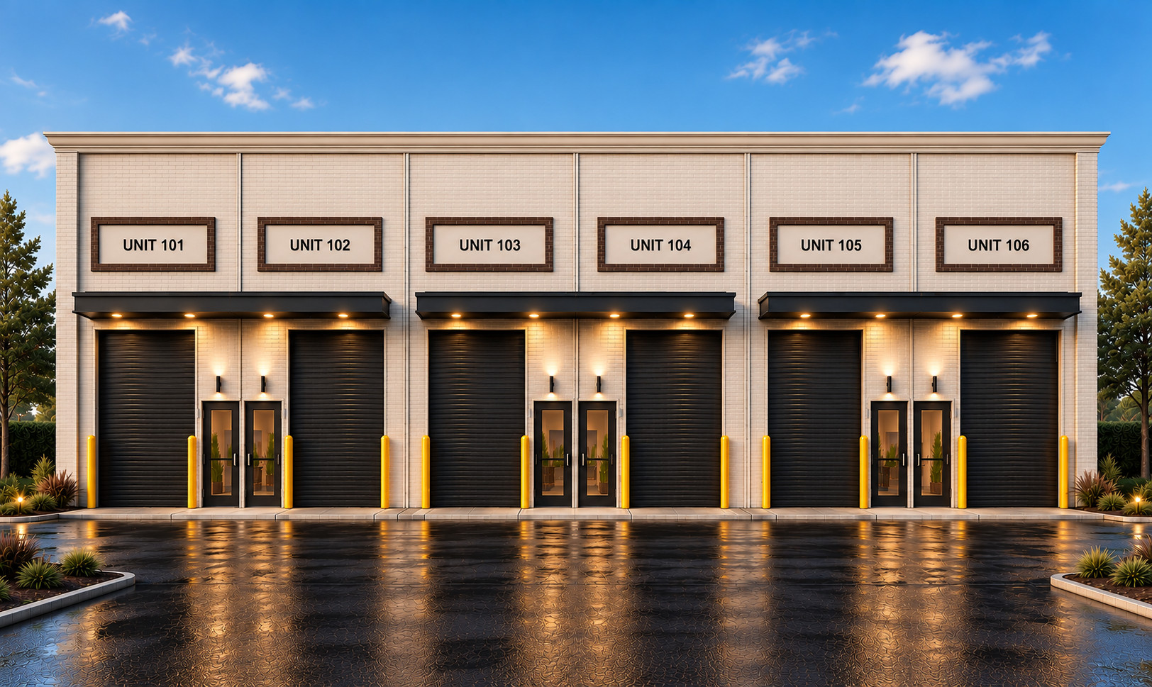 Warehouse units with six black front roll-up doors and paired glass entrances